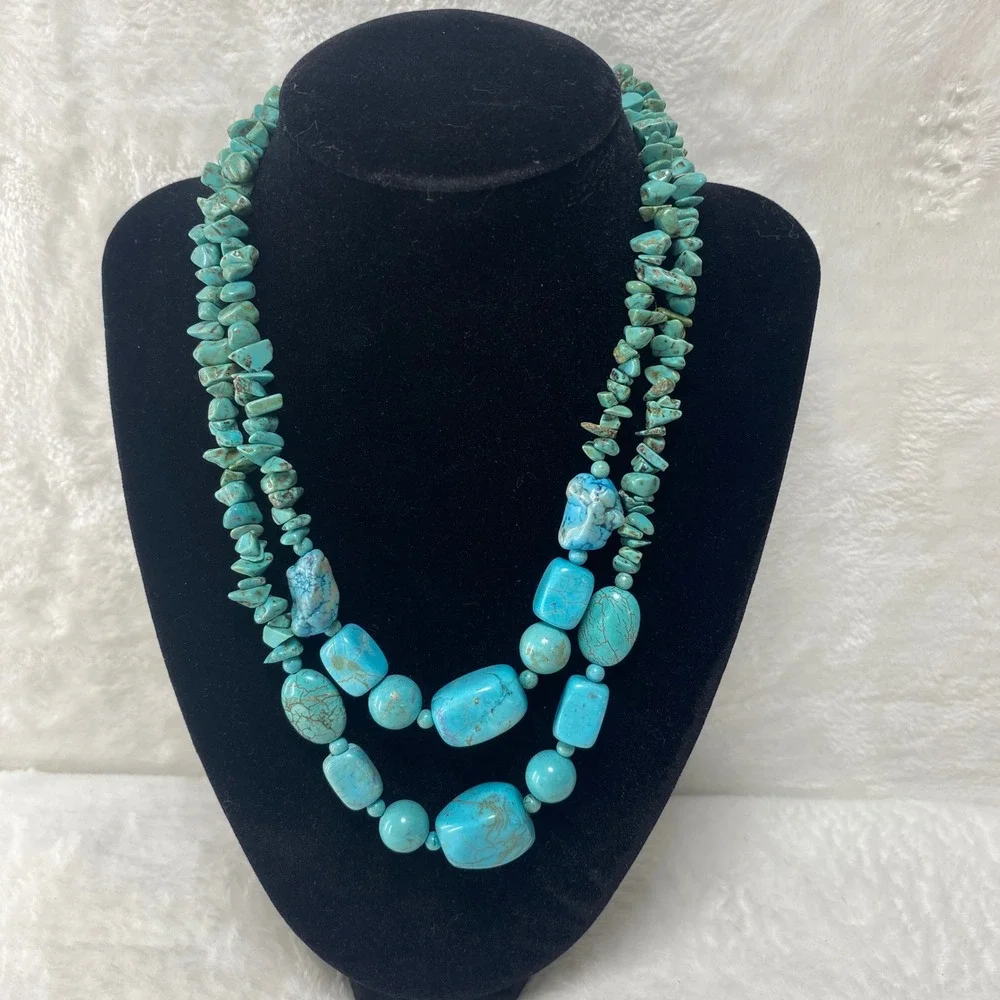 Turquoise Southwestern‎ Necklace Two Strand Chunky Bead Boho Statement Rodeo 90g
